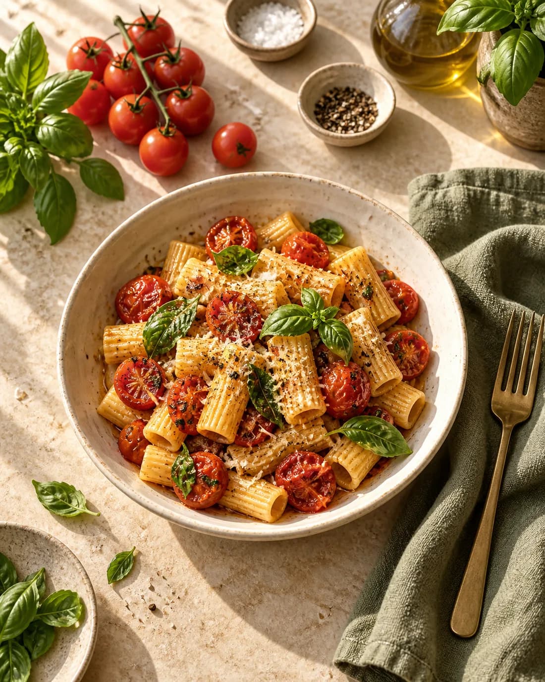 Inspiration culinaire : pâtes aux tomates et basilic sur une table ensoleillée